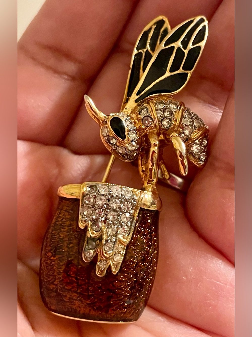 Vintage Gold-Tone Bee Brooch with Black Enamel Wings and Brown Enamel Pot
